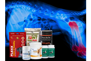 Joint supplements for dogs, displayed against a background of a dog x-ray. The x-ray has the joints in the dog's back legs highlighted in red.
