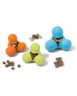 West Paw Zogoflex Tux dog toy, shown in all 3 colours (Aqua, Tangerine and Granny Smith Green), with treats stuffed inside the toy.