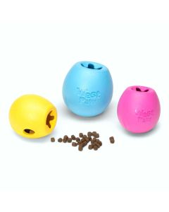 West Paw Zogoflex Rumbl toys shown in yellow, blue and pink. The yellow toy is on its side with treats spilling out of it.