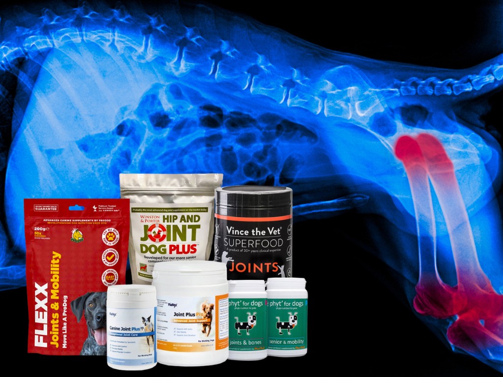 Joint supplements for dogs, displayed against a background of a dog x-ray. The x-ray has the joints in the dog's back legs highlighted in red.
