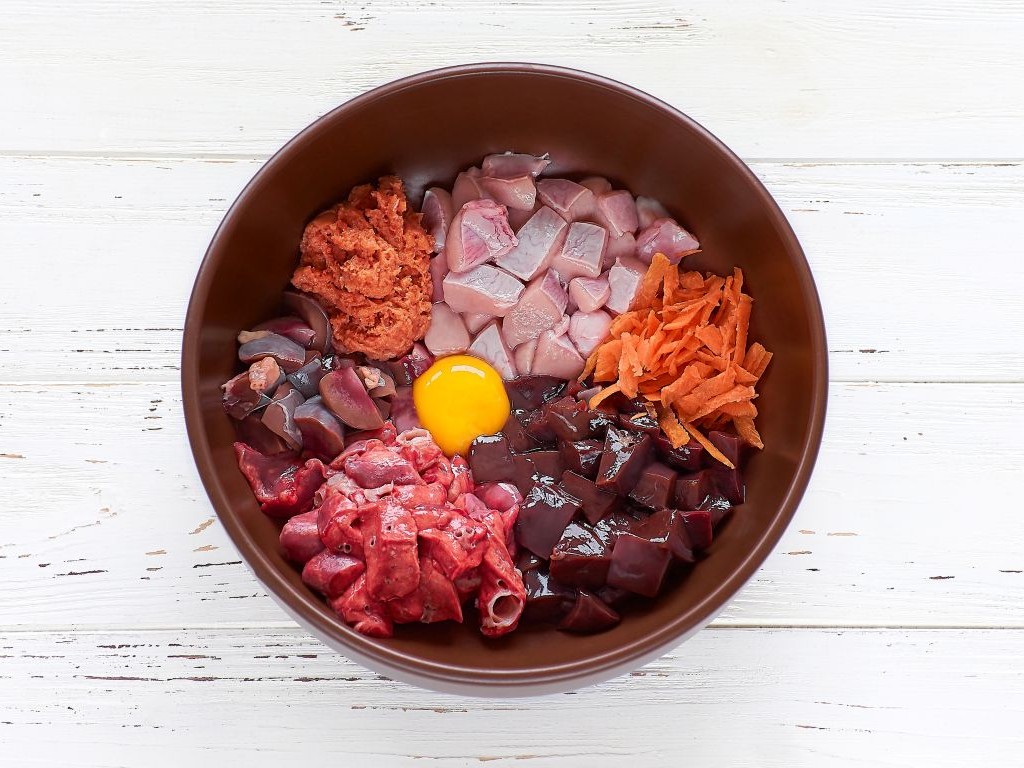 Raw fed dog food bowl with organs